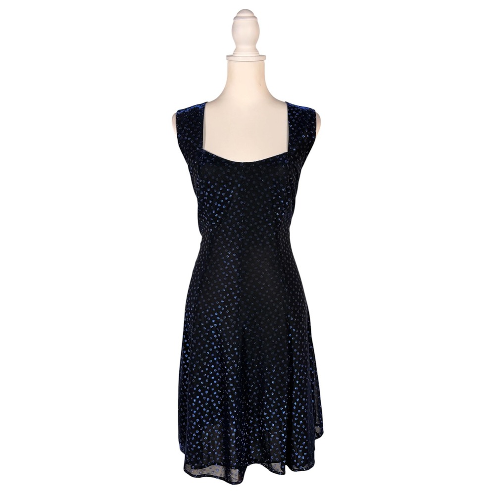 80s 90s Vintage Metallic Blue Polka Dot Skater Dress Women's 10‎ Mini Retro Glam